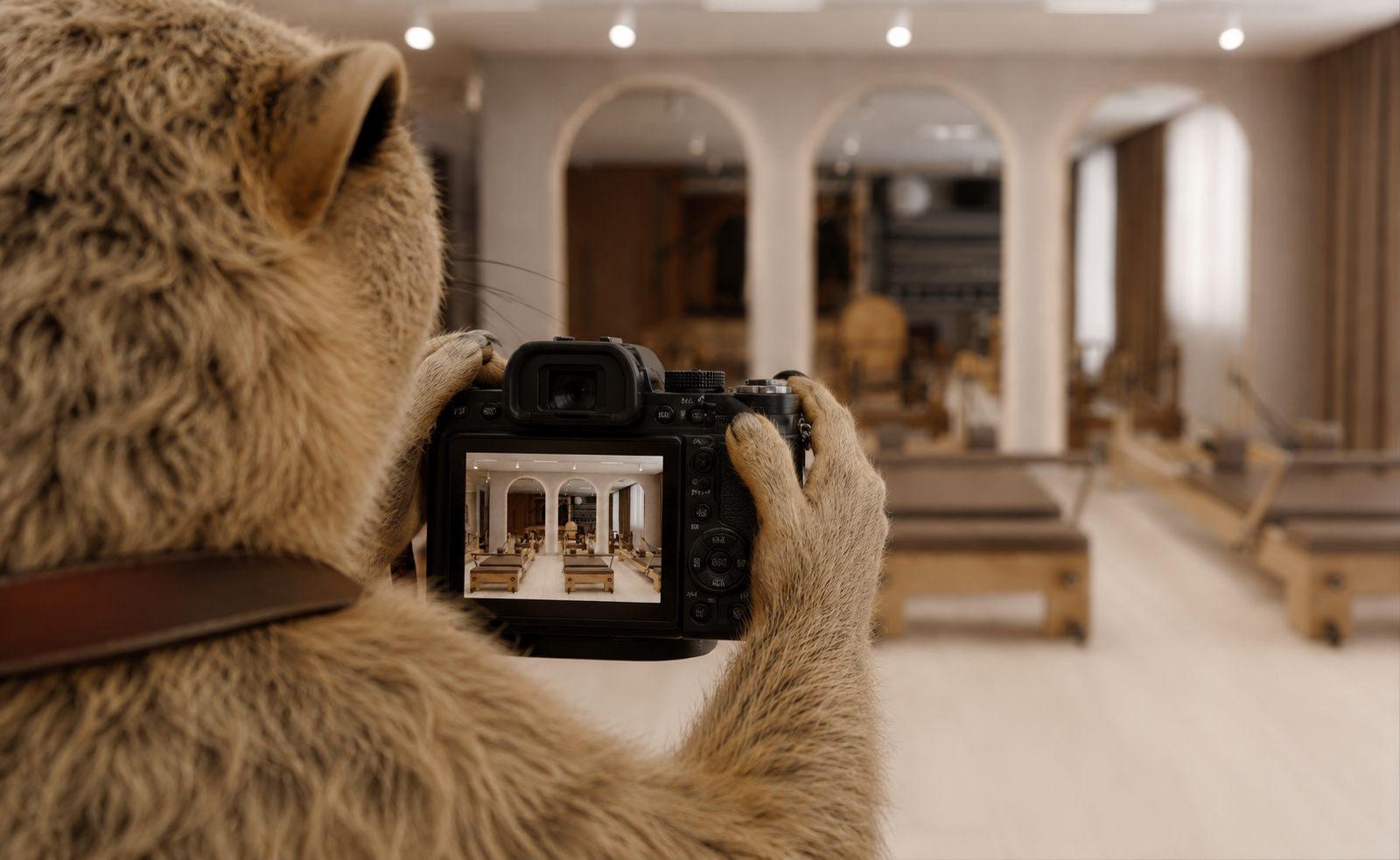 Белка снимает интерьер студии на фотоаппарат